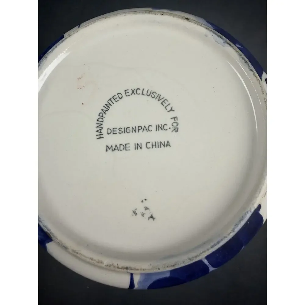 Vintage Hand Painted Ceramic Blue & White Grapes Leaves Canister Jar Designpac